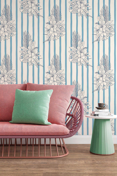 Bouquets of flowers on vertical stripes pattern blue on beige   - Removable wallpaper - Vinyl Wallpaper design #3140