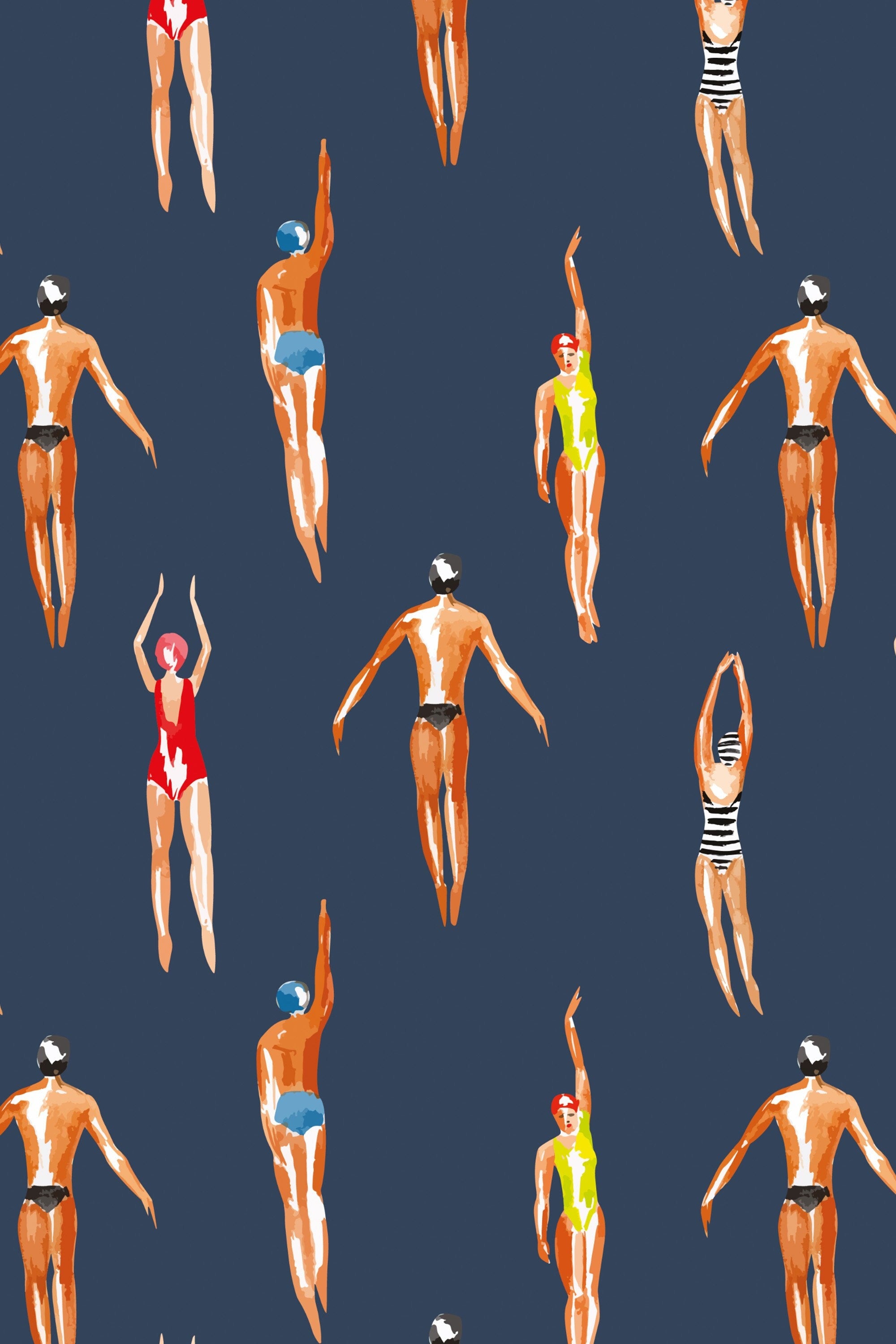 Vintage Swimmers Wallpaper Navy Gray Background wallpaper 3447