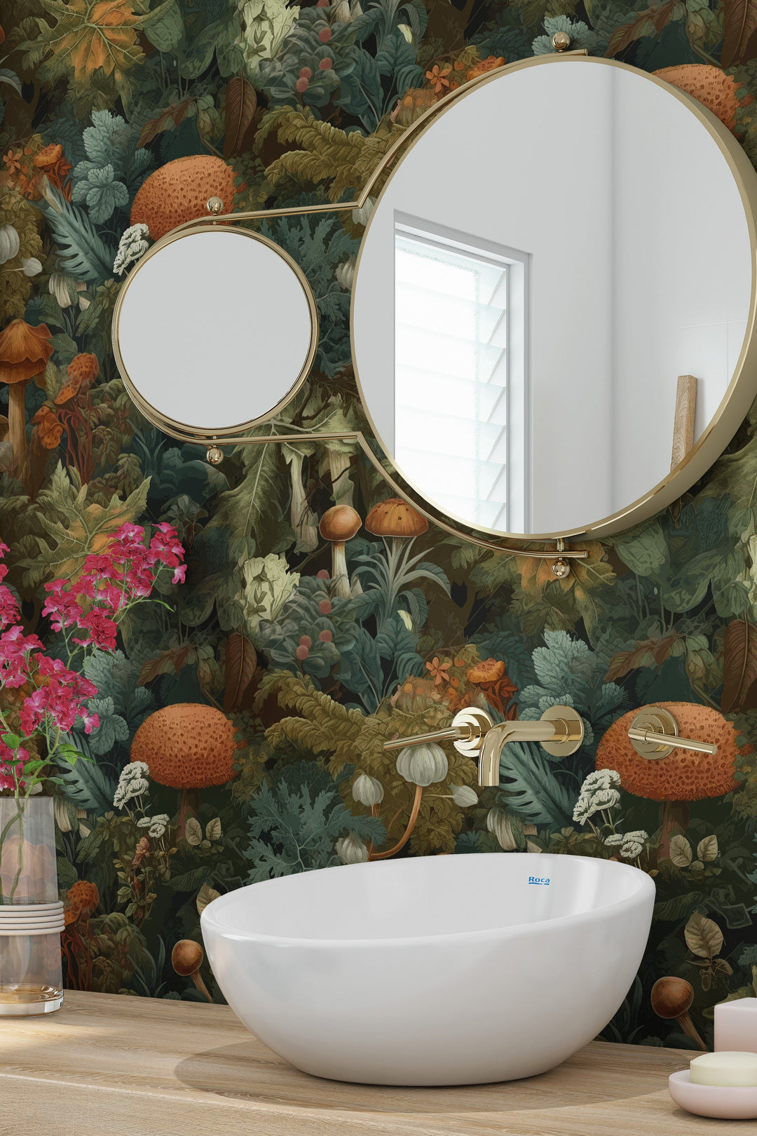 Boho botanical wallpaper in a modern bathroom with gold fixtures and round mirror