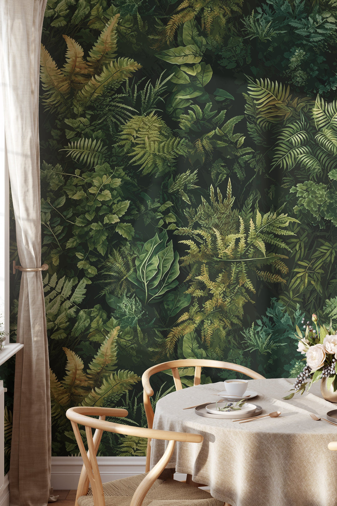 Dark green botanical wallpaper featuring dense tropical foliage with layered ferns and leaves in varying shades of green, creating a lush jungle-inspired pattern, shown in a cozy dining interior.