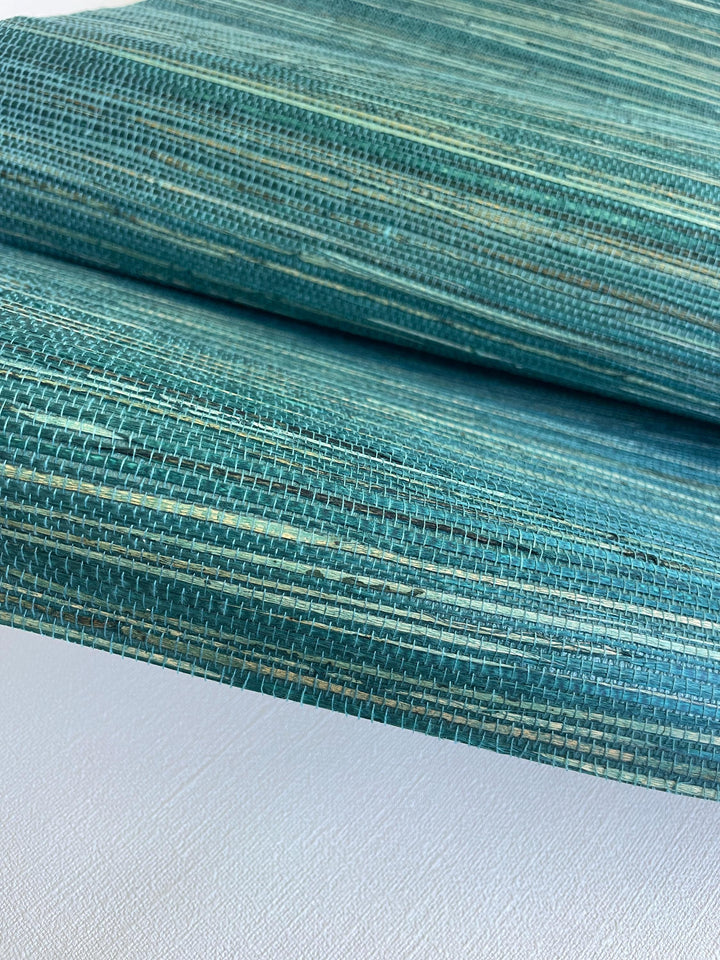 Natural Grasscloth Hemp Wallpaper painted in matte blue-green color 41033