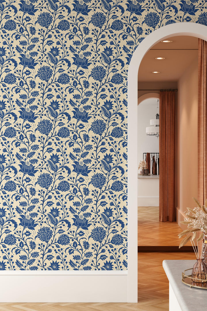 Blue Meadow Folk Floral — Scandinavian Botanical Wallpaper #3728