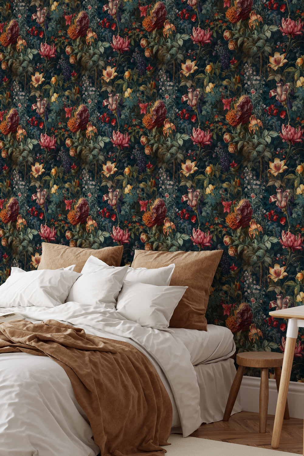 Dahlia Wallpaper Burgundy & Pink Vintage Floral Garden Pattern featured in a cozy bedroom.