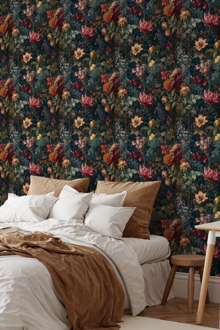 Dahlia Wallpaper Burgundy & Pink Vintage Floral Garden Pattern featured in a cozy bedroom.