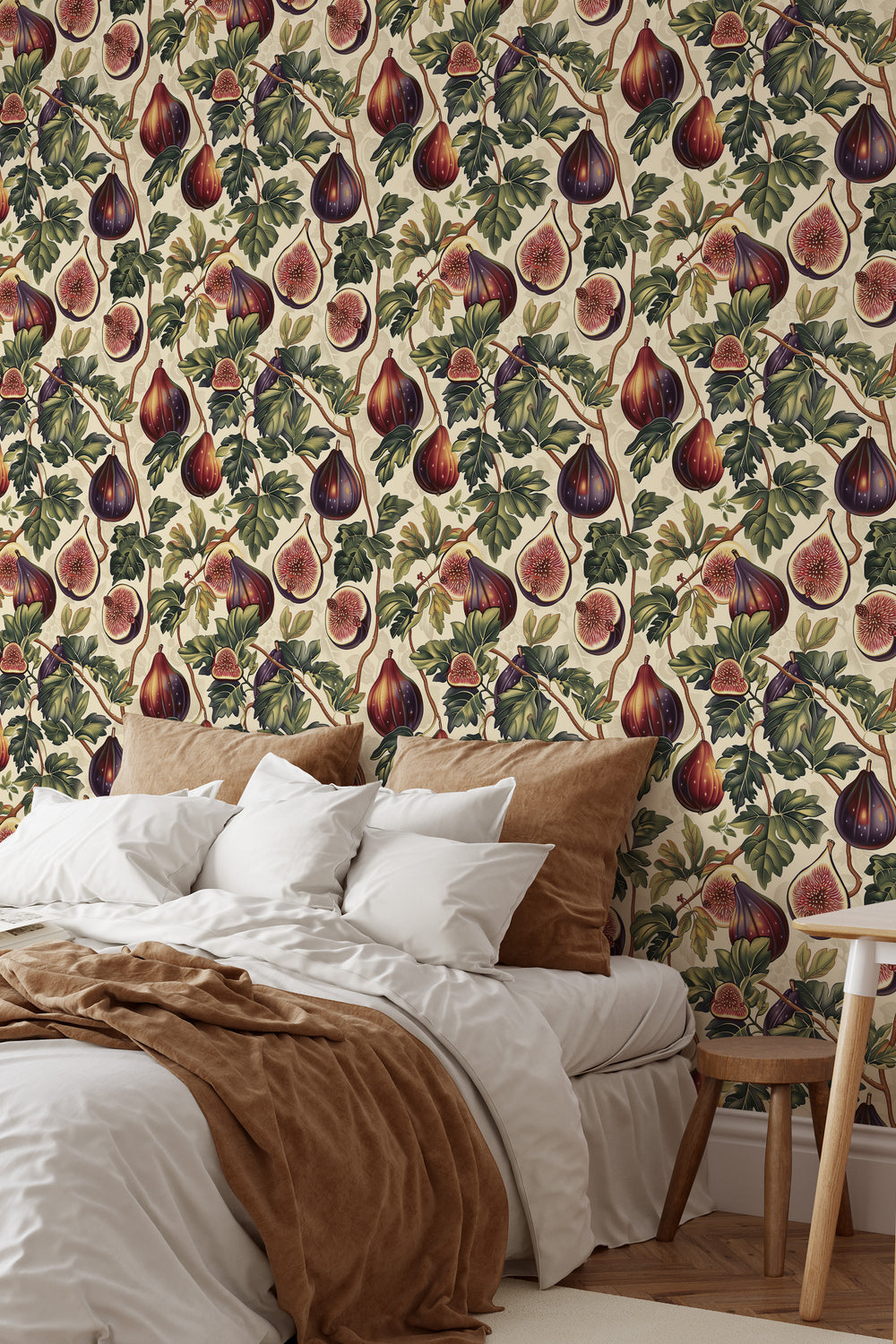 Ivory fig and leaf wallpaper with purple vintage botanical pattern featured in a cozy bedroom.
