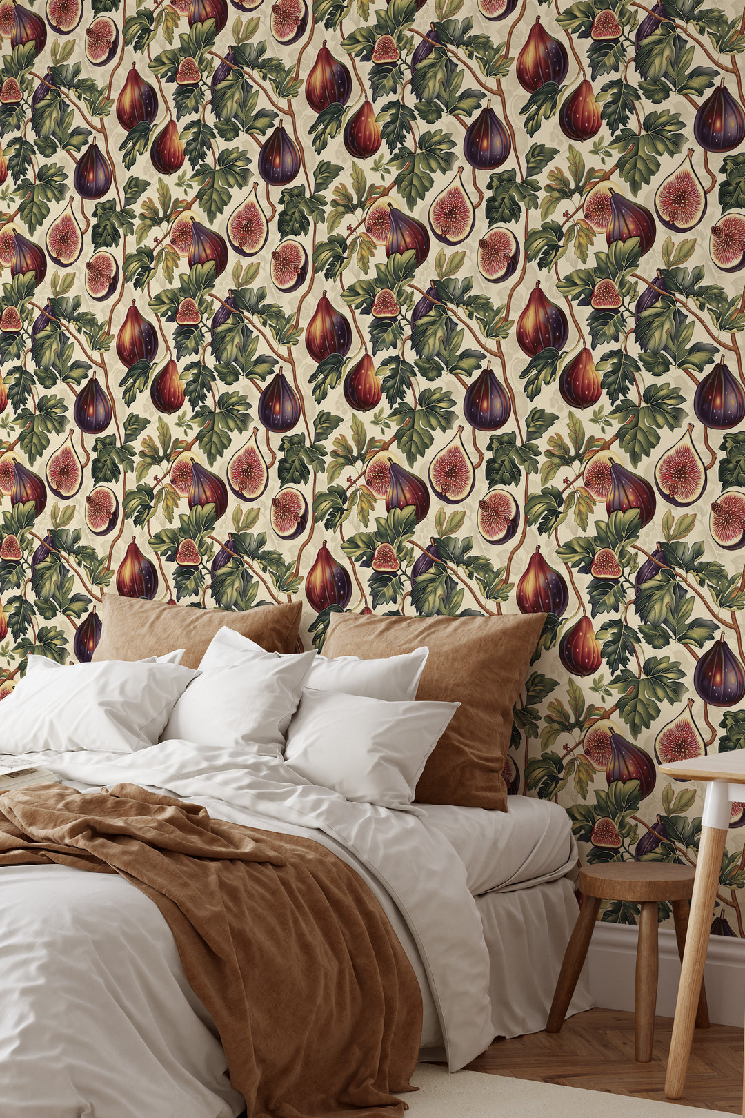 Ivory fig and leaf wallpaper with purple vintage botanical pattern featured in a cozy bedroom.