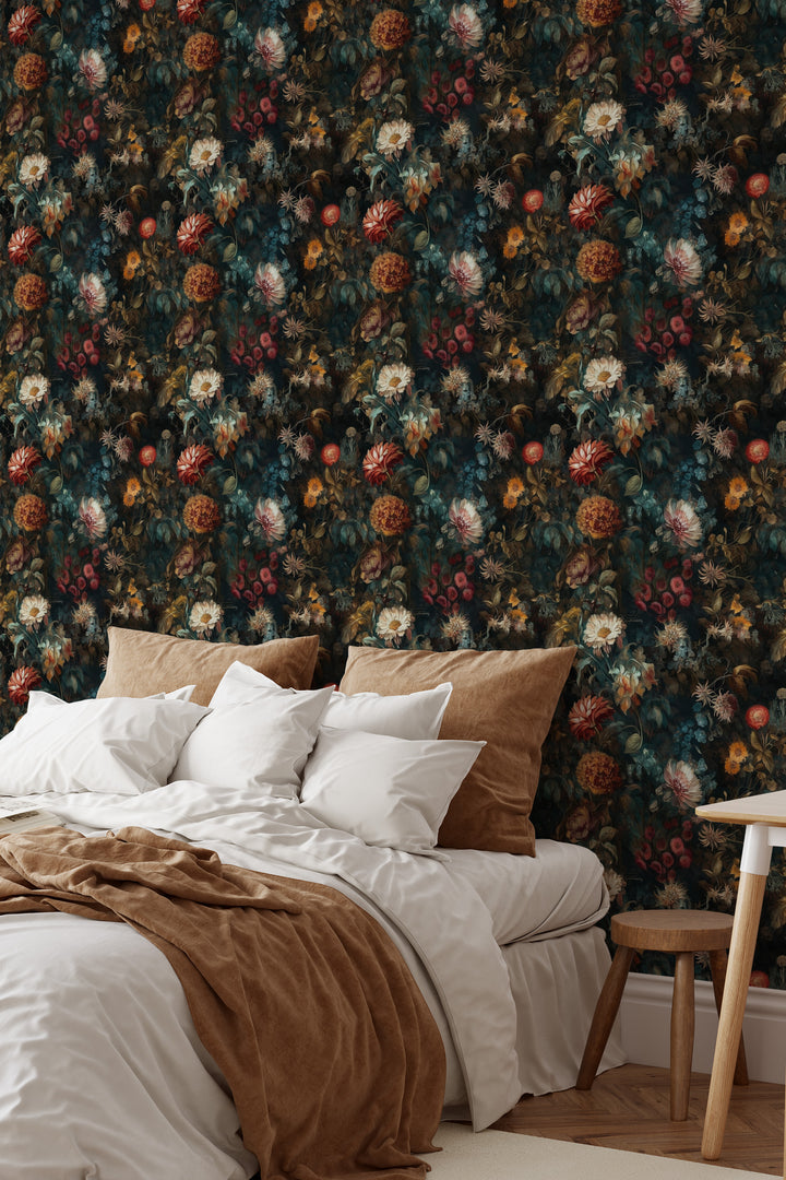 Dahlia Wallpaper Rust & Teal Vintage Floral Garden Pattern in a cozy bedroom.