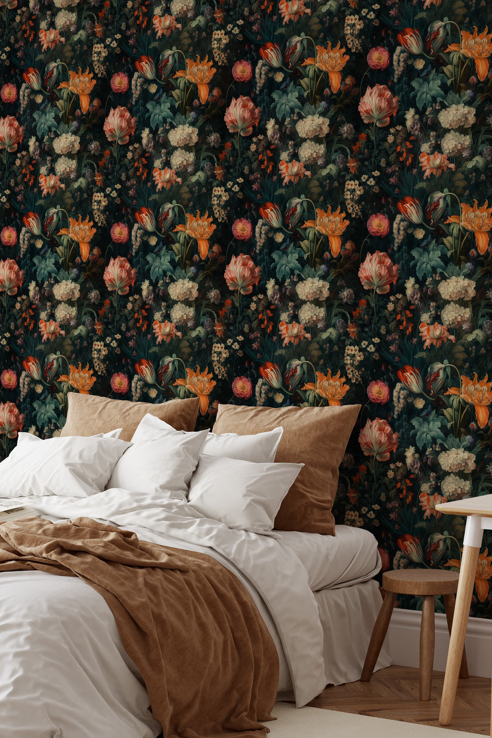 Dahlia Wallpaper Orange & Cream Vintage Floral Garden Pattern in a cozy bedroom.