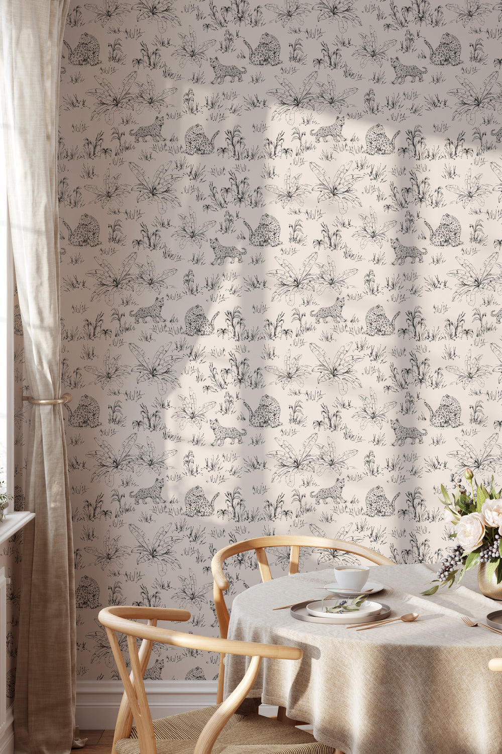 Beige safari wallpaper with black leopard and tropical leaf line art, dining table, chairs, and curtains