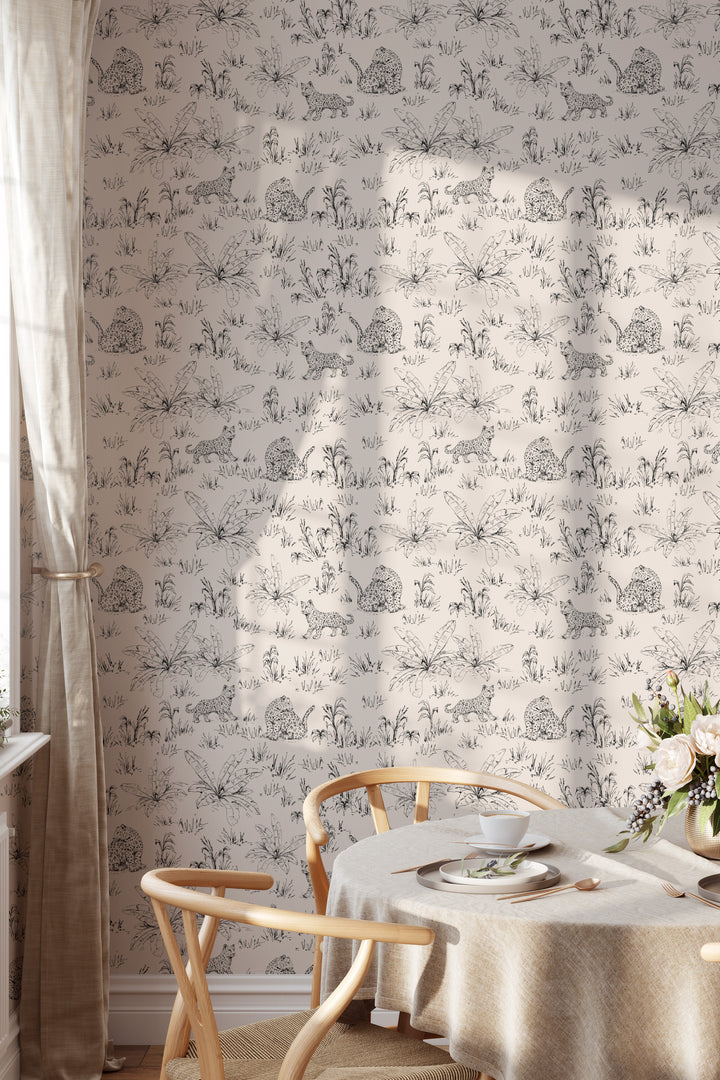 Beige safari wallpaper with black leopard and tropical leaf line art, dining table, chairs, and curtains