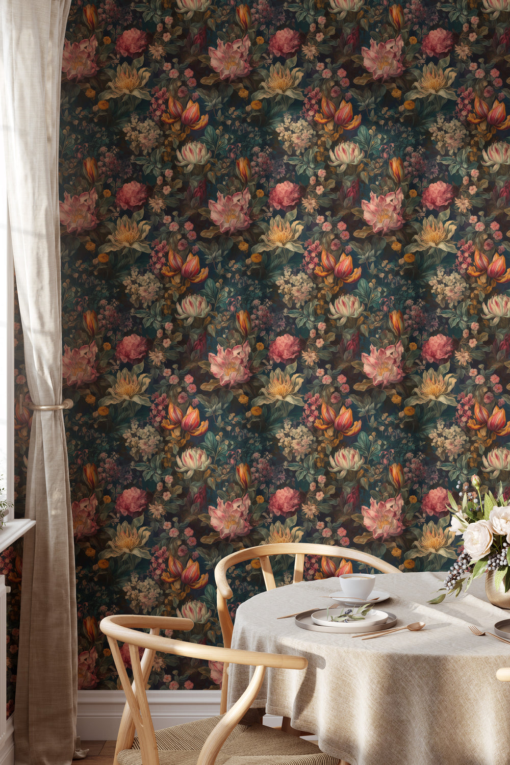 Dahlia Wallpaper Dark Teal with Pink & Orange Vintage Floral Pattern in a stylish dining room.