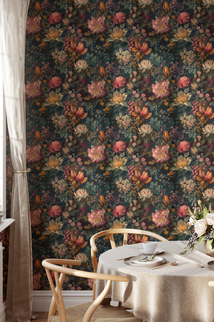 Dahlia Wallpaper Dark Teal with Pink & Orange Vintage Floral Pattern in a stylish dining room.