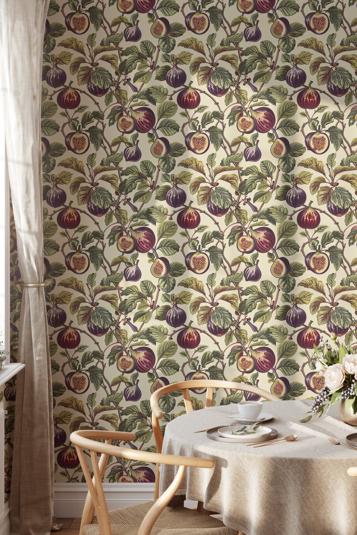 Cream plum fig wallpaper with a garden foliage pattern shown in a cozy dining room.