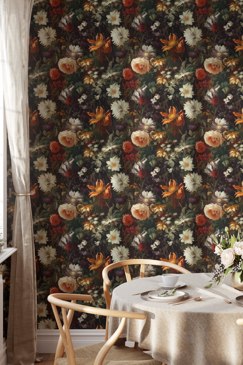 Dahlia Wallpaper Ivory & Orange Vintage Floral Garden Pattern in a cozy dining room.
