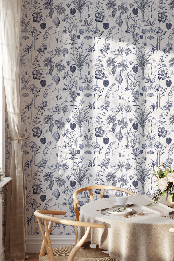 Blue botanical toile wallpaper white with dining table, chairs, and curtains