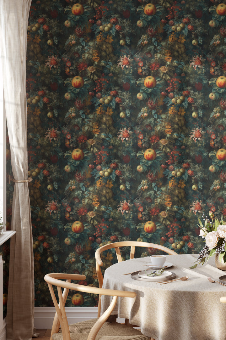 Dark teal dahlia wallpaper with vintage orange flowers, fruit and botanical foliage shown in a dining room