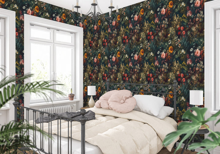 Dahlia Wallpaper Dark Teal Vintage Wildflower Floral Pattern in a cozy bedroom.