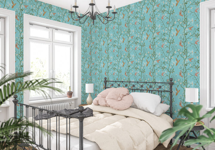 Aqua Blue Hummingbird Wallpaper with Floral Circle Pattern in a Cozy Bedroom