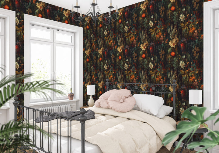 Dahlia Wallpaper Orange & Deep Green Floral Pattern in a cozy bedroom.
