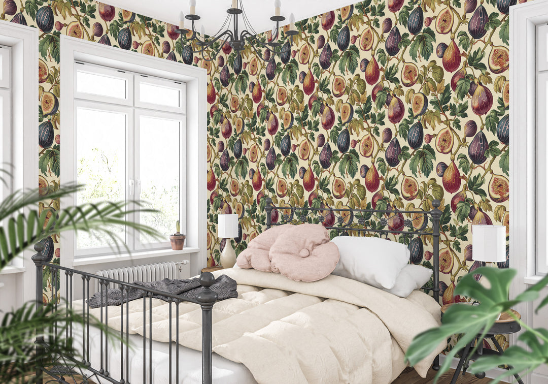 Cream fig and leaf wallpaper with vintage plum botanical pattern featured in a bedroom.