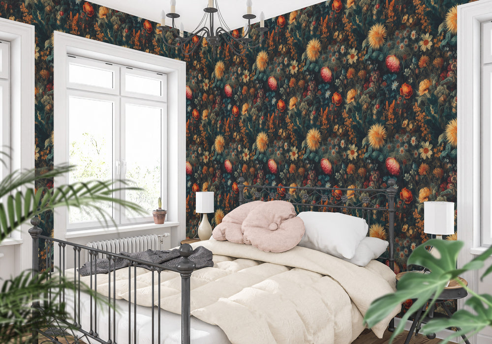 Dahlia Wallpaper Golden Orange Vintage Floral Pattern in a cozy bedroom.
