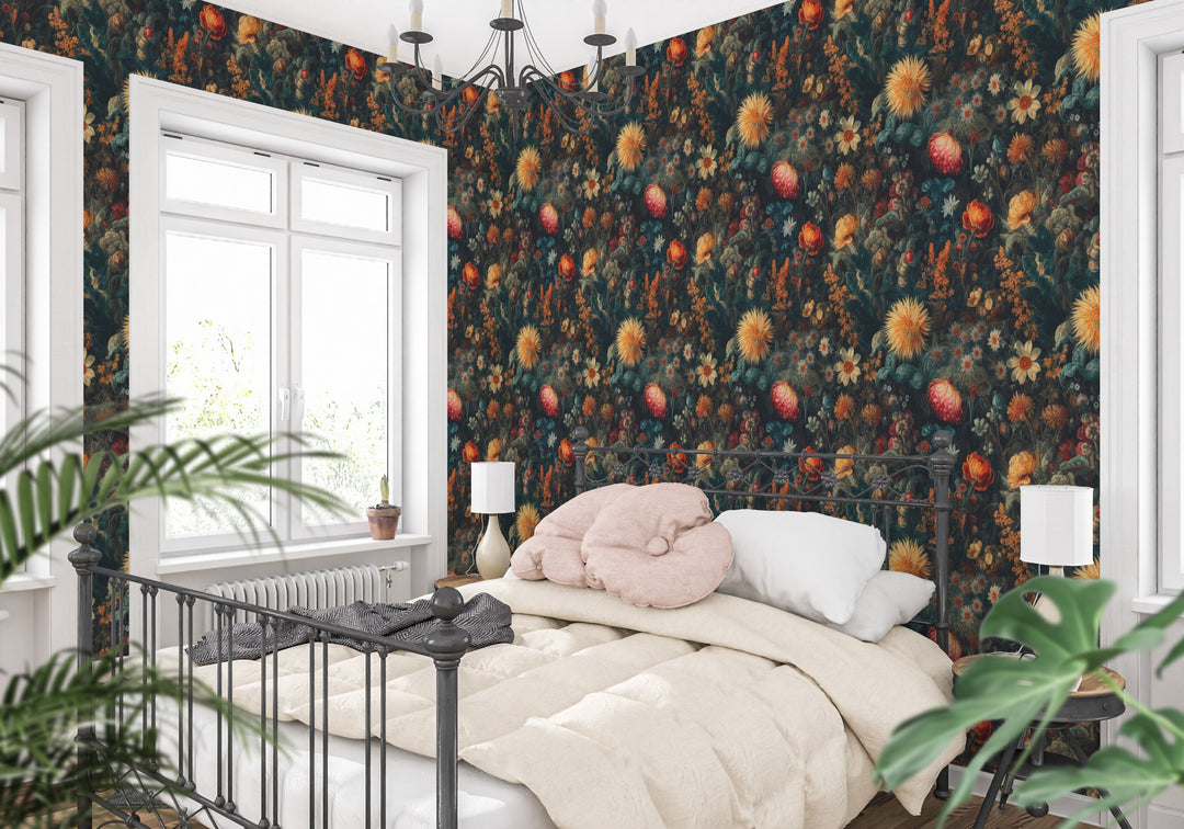 Dahlia Wallpaper Golden Orange Vintage Floral Pattern in a cozy bedroom.