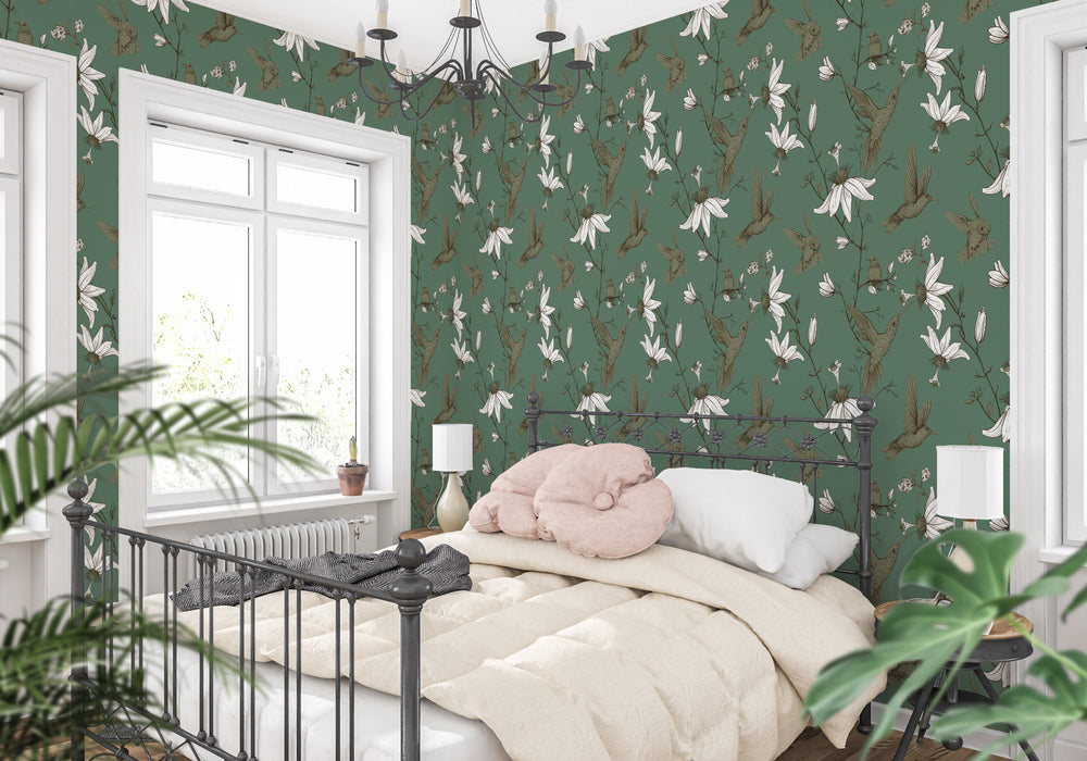 Bedroom featuring sage green Hummingbird Wallpaper with botanical floral bird pattern, vintage-inspired design, and cozy neutral decor