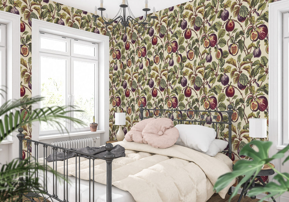 Cream plum fig wallpaper with a garden foliage pattern shown in a cozy bedroom.