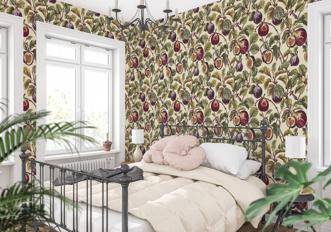 Cream plum fig wallpaper with a garden foliage pattern shown in a cozy bedroom.