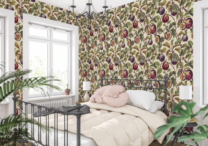 Cream plum fig wallpaper with a garden foliage pattern shown in a cozy bedroom.
