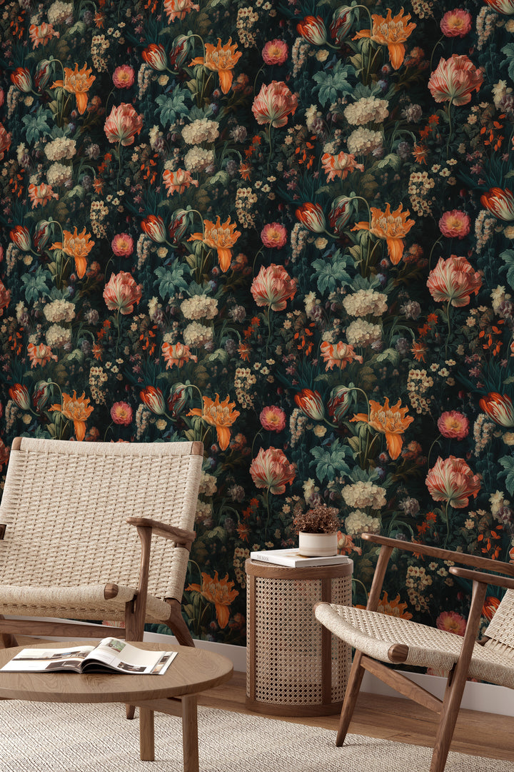 Dahlia Wallpaper Orange & Cream Vintage Floral Garden Pattern in a cozy living room.