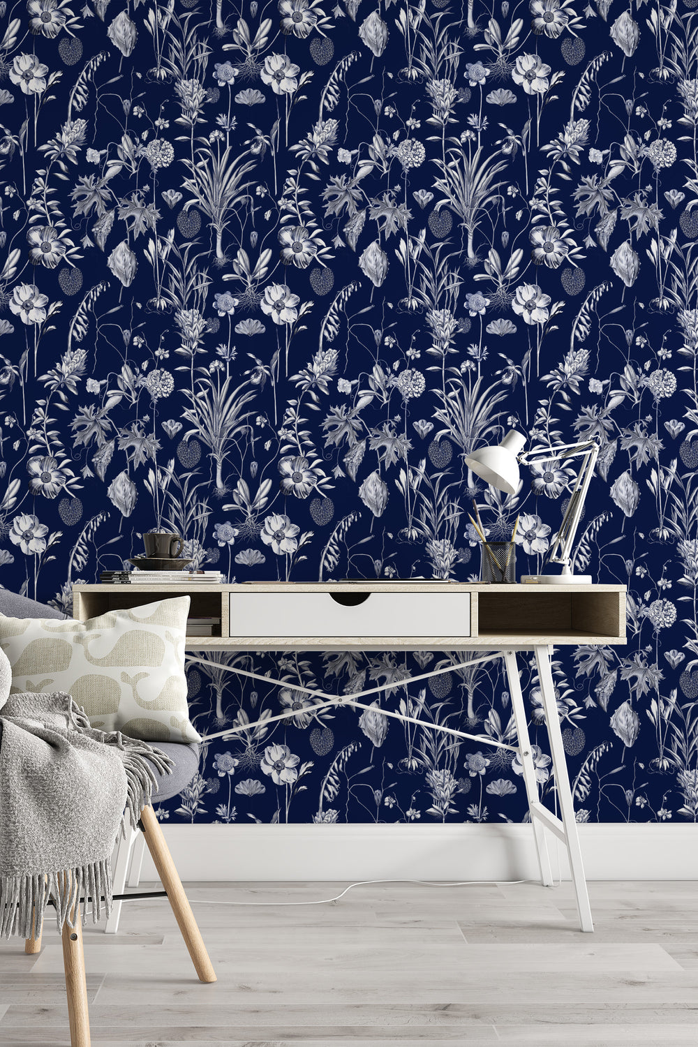 Midnight blue botanical toile wallpaper with desk, chair, and lamp