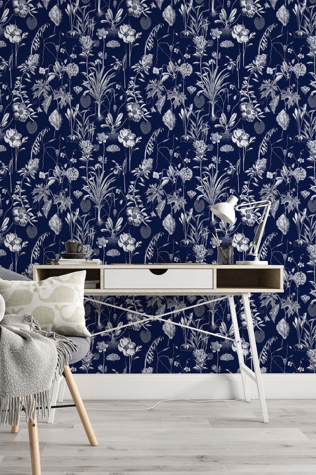 Midnight blue botanical toile wallpaper with desk, chair, and lamp