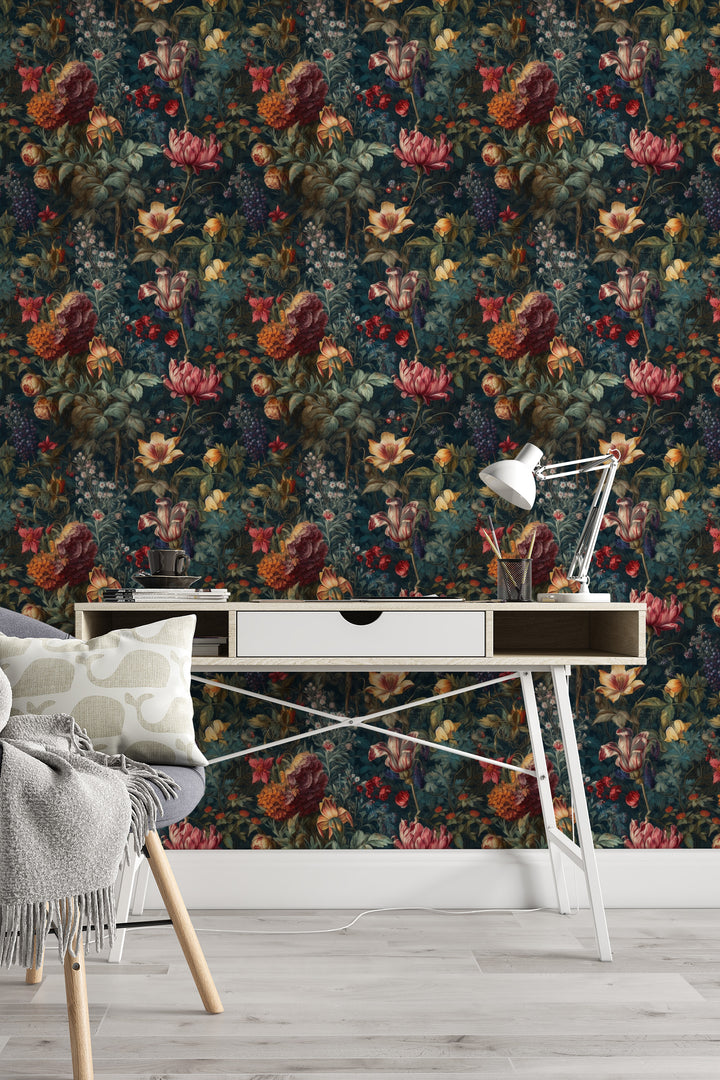 Dahlia Wallpaper Burgundy & Pink Vintage Floral Garden Pattern featured in a cozy home office behind a white desk and chair.