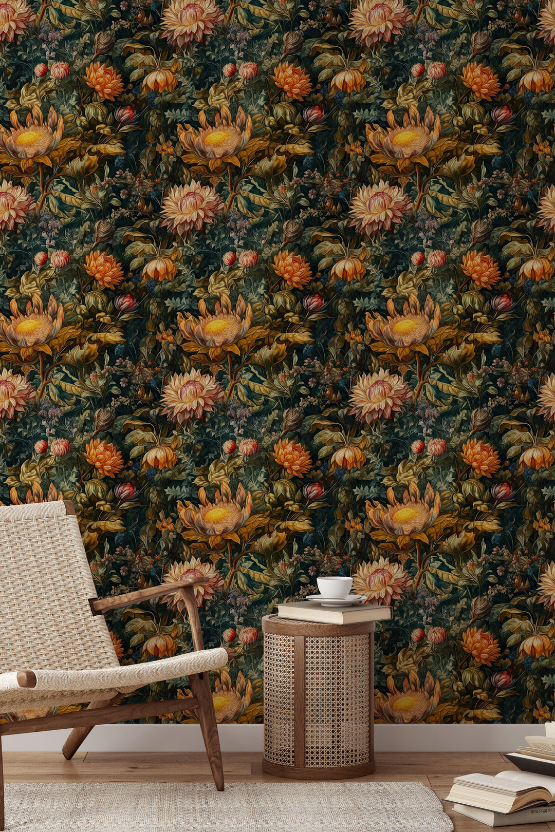 Dark green dahlia wallpaper with orange and cream flowers and lush botanical foliage pattern featured as an accent wall behind a rattan chair and side table.