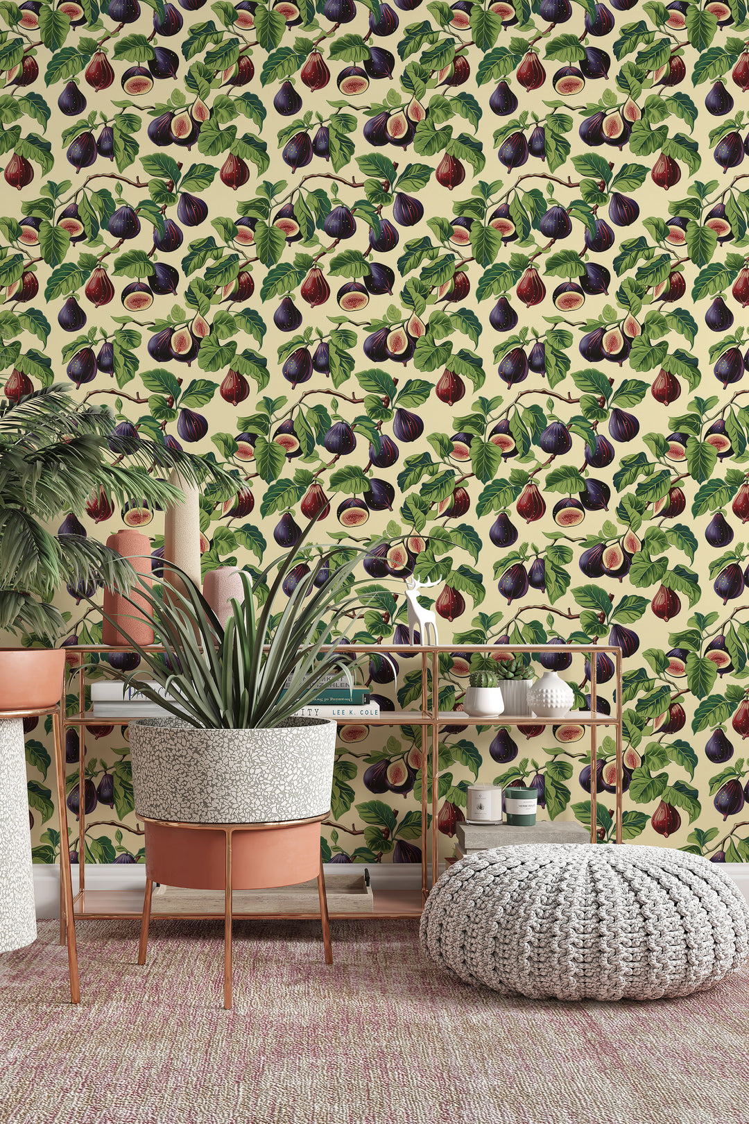 Cream purple fig wallpaper with a bright green botanical pattern shown in a stylish living room.