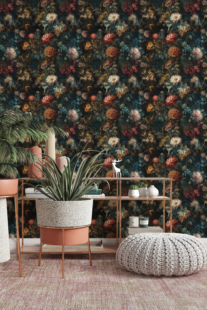 Dahlia Wallpaper Rust & Teal Vintage Floral Garden Pattern in a botanical-inspired room.