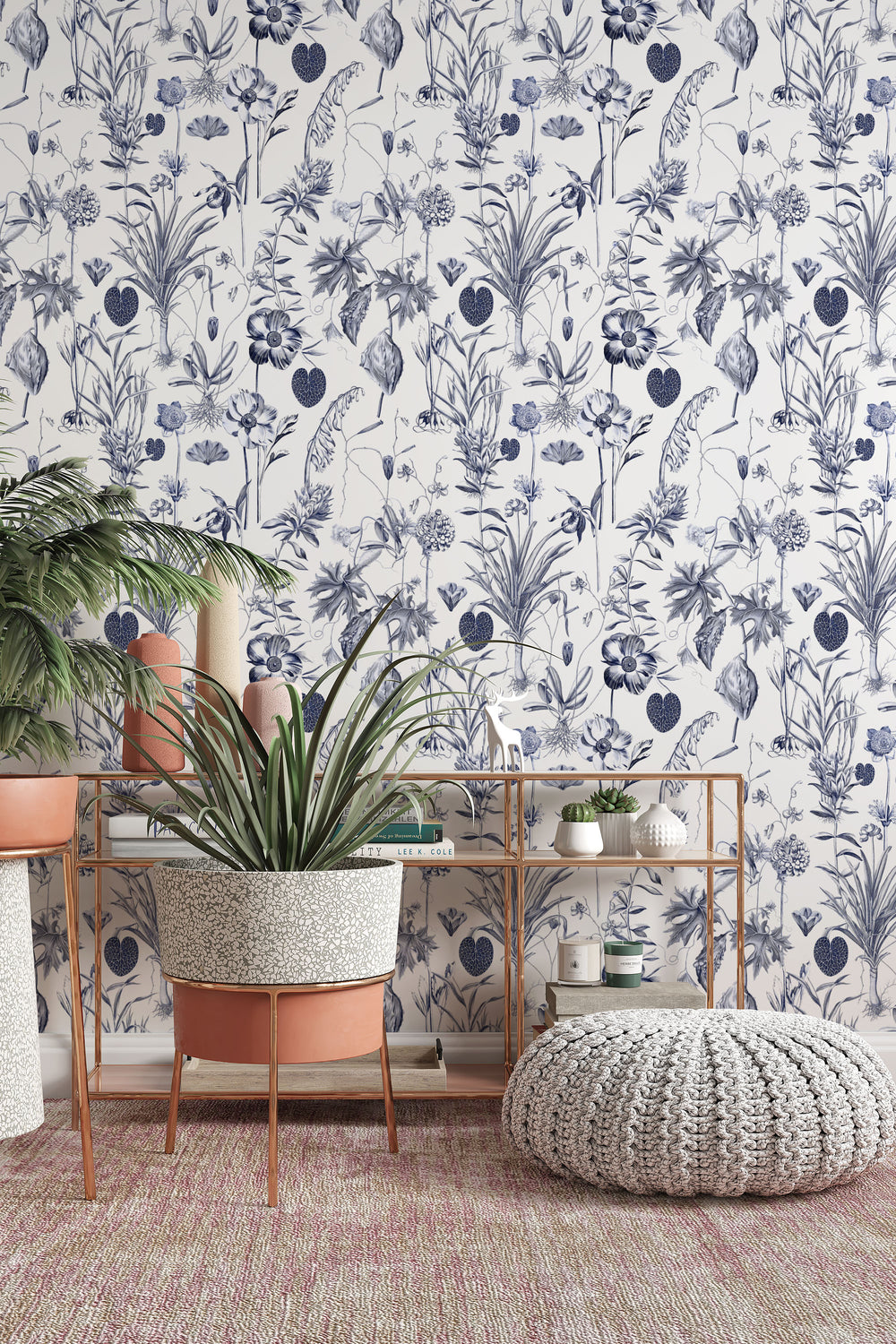 Blue botanical toile white wallpaper with plants, shelf, and cozy pouf