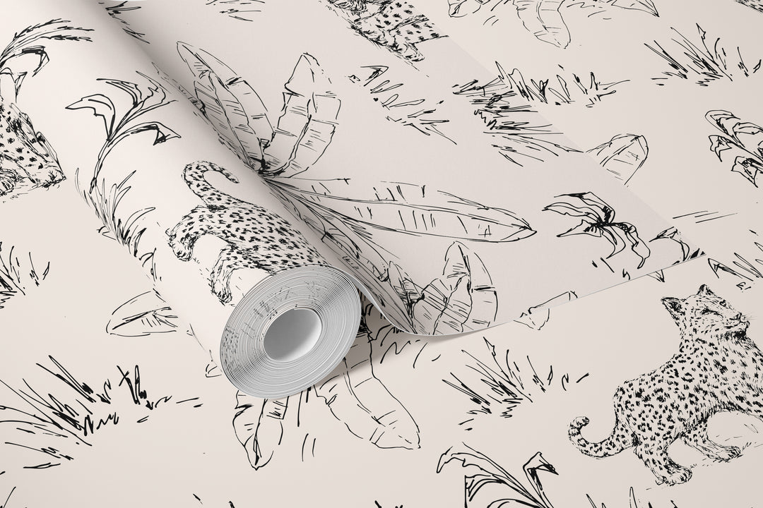 Roll of beige safari wallpaper with black leopard and tropical leaf line art pattern