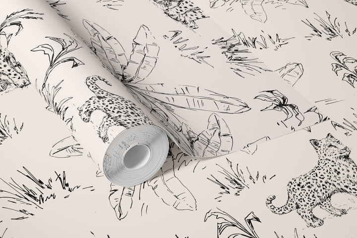 Roll of beige safari wallpaper with black leopard and tropical leaf line art pattern