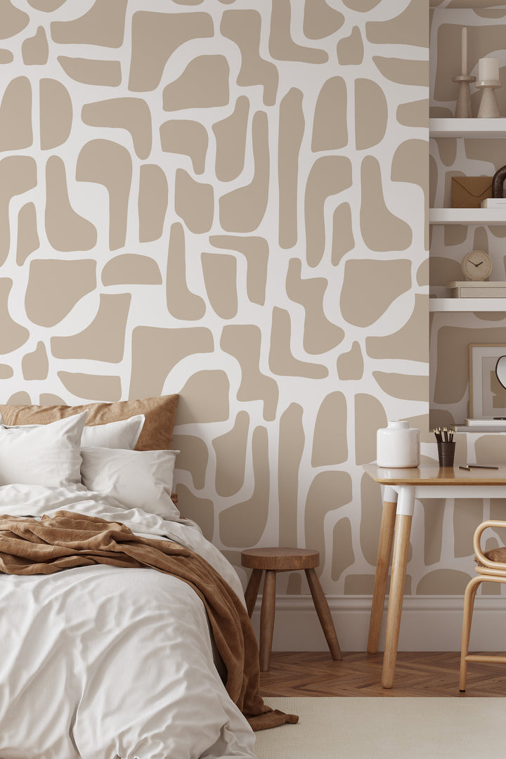 Beige and white abstract stone wallpaper in bedroom with side table and shelf