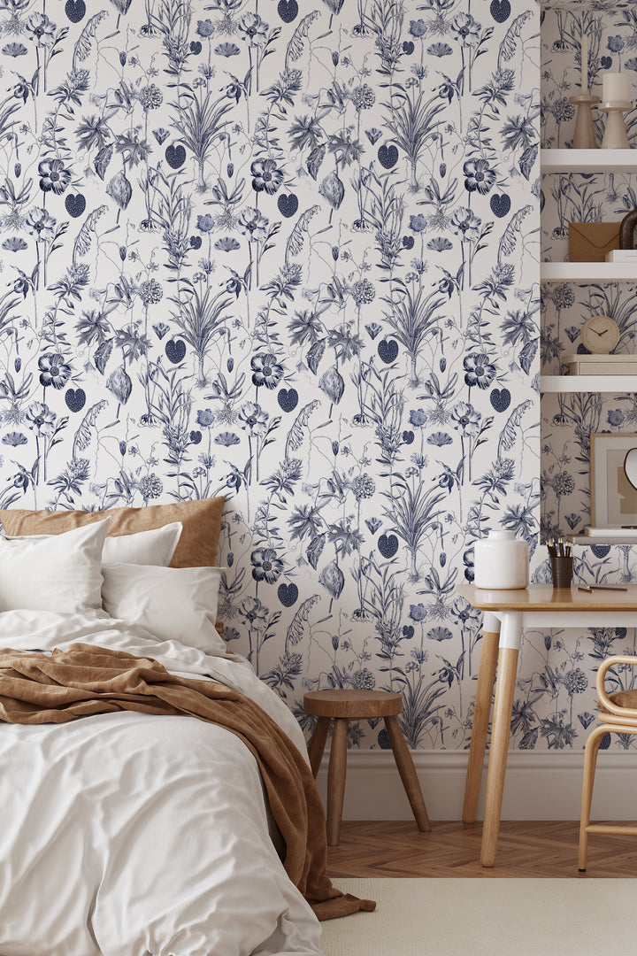 Blue botanical toile white wallpaper in bedroom with side table and shelf.