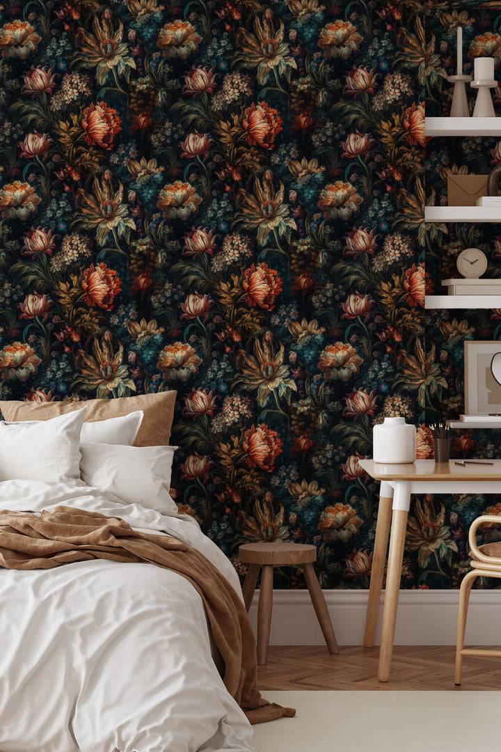 Dahlia Wallpaper Red & Cream Vintage Floral Pattern in a cozy bedroom with a bed and wooden desk.