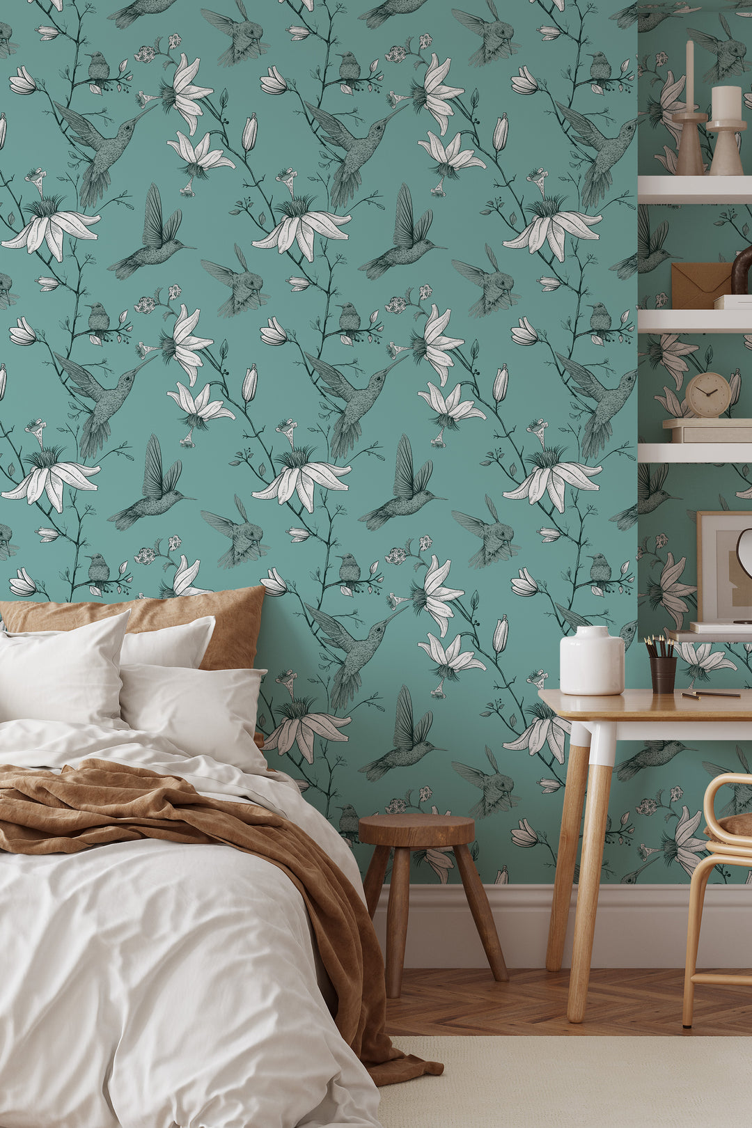 Cozy bedroom with wood desk and shelves featuring Aqua Green Hummingbird Wallpaper with a botanical floral bird pattern.