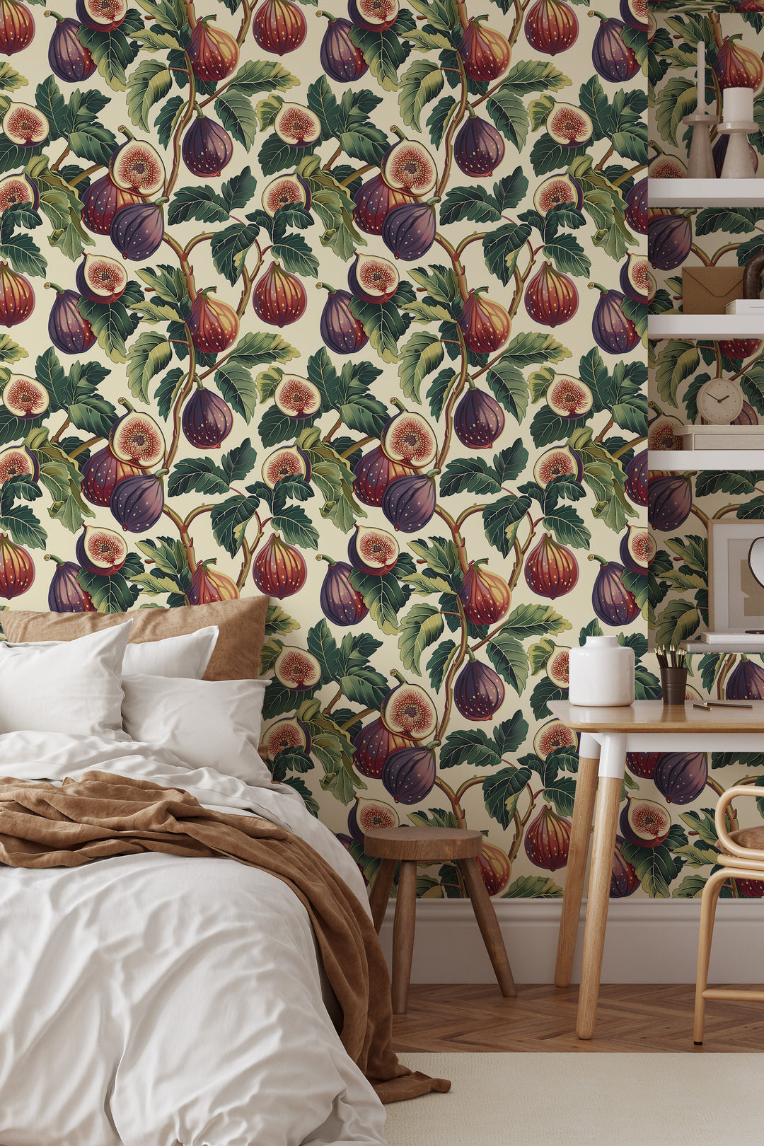 Cream fig and leaf wallpaper with a purple speckled vintage botanical pattern shown in a cozy bedroom.