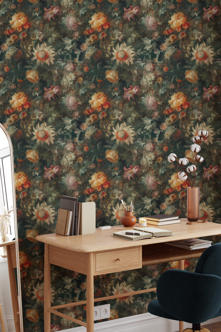 Warm orange and cream vintage floral wallpaper featuring layered blooms and lush greenery, styled in a home office with a natural wood desk and dark upholstered chair.