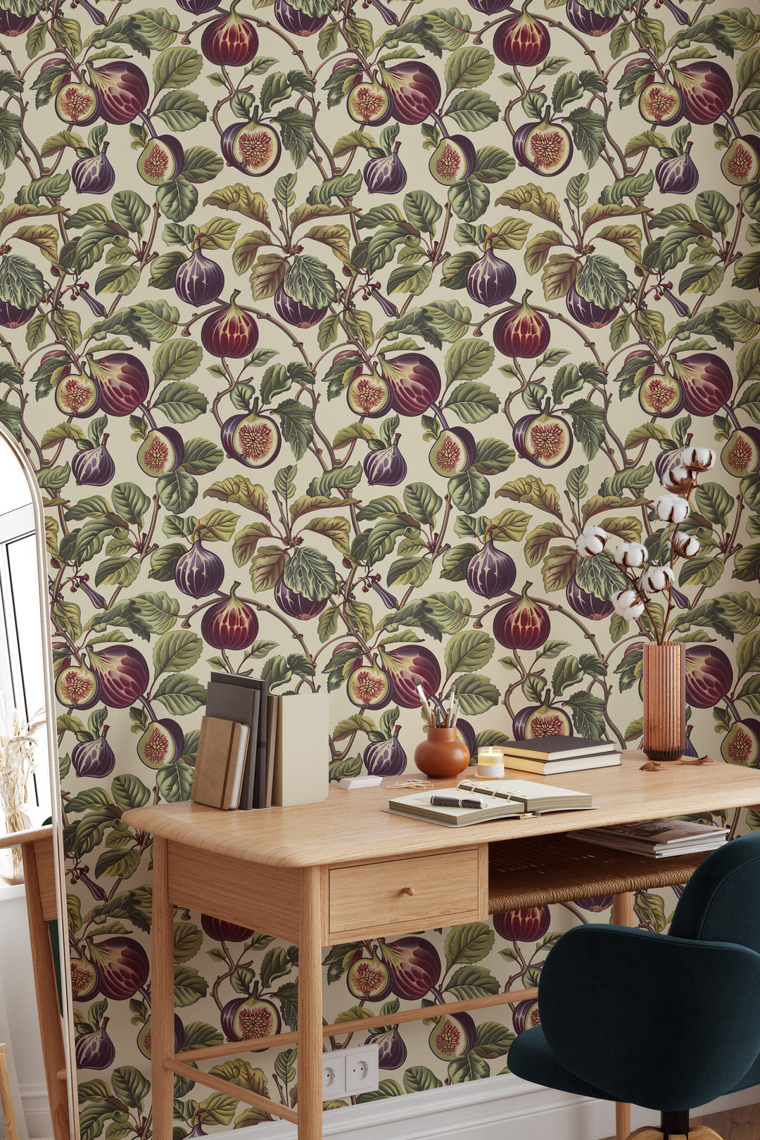 Cream plum fig wallpaper with a garden foliage pattern shown in a cozy home office.