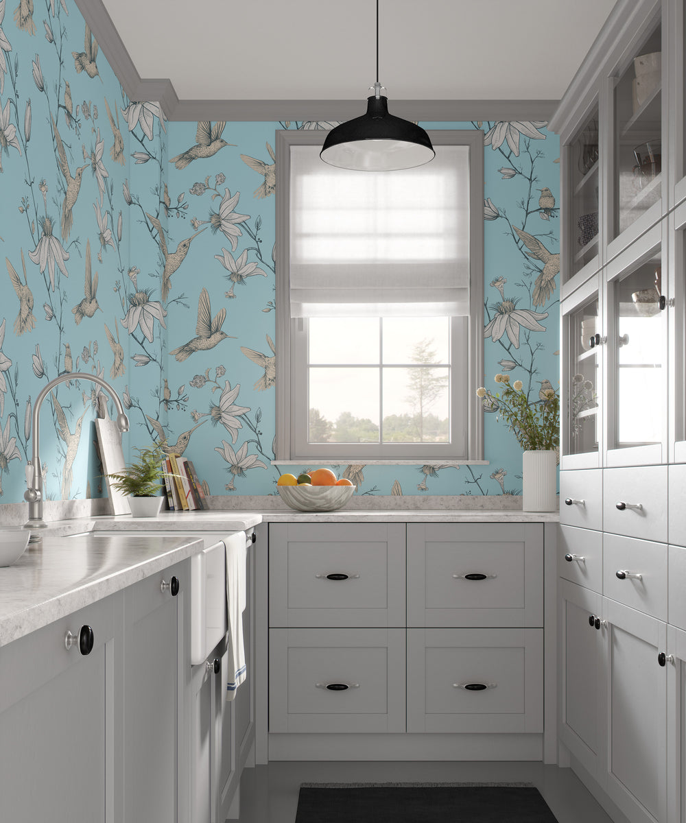 Kitchen with light blue hummingbird and floral wallpaper featuring vintage botanical pattern and French-style decor