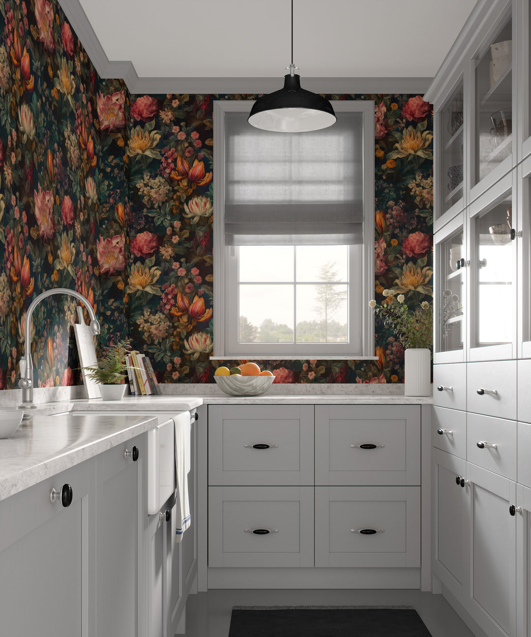 Dahlia Wallpaper Dark Teal with Pink & Orange Vintage Floral Pattern in a stylish kitchen.