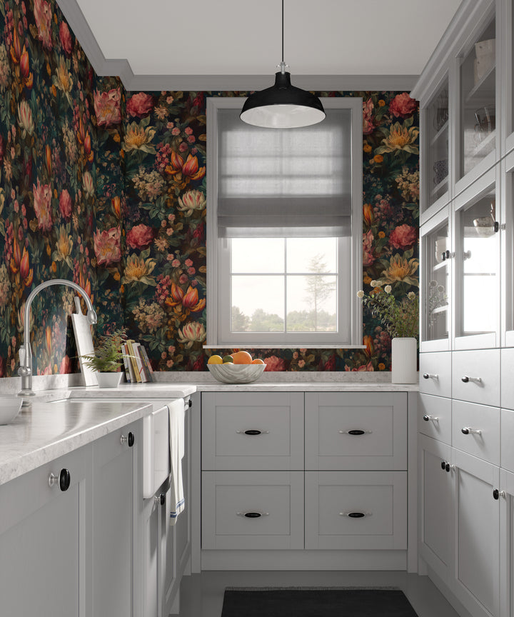Dahlia Wallpaper Dark Teal with Pink & Orange Vintage Floral Pattern in a stylish kitchen.